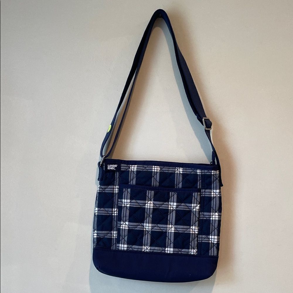 Lands End Navy and White Checkered Shoulder Bag